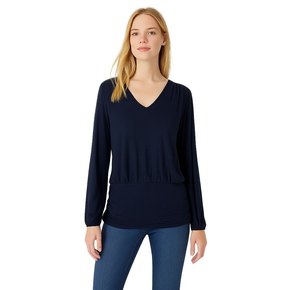 NWT White House Black Market Long Sleeve V Neck Banded Top Black L #WHBM39